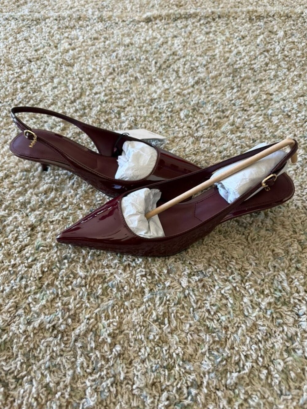 Mango Pointed Kitten Heels Slingback Burgundy Patent Leather Sz 8.5 NIB